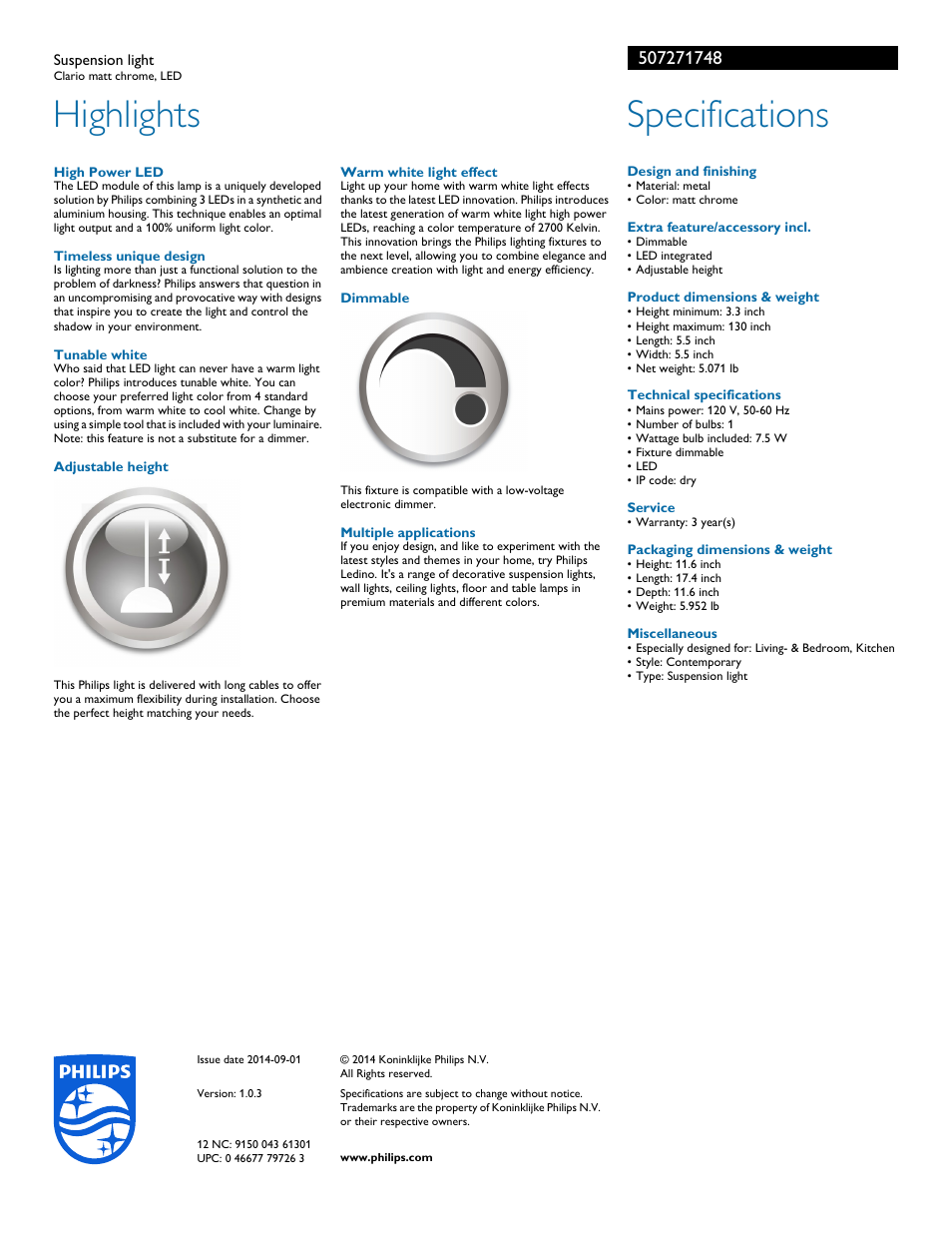 Highlights, Specifications | Philips 507271748 User Manual | Page 2 / 2