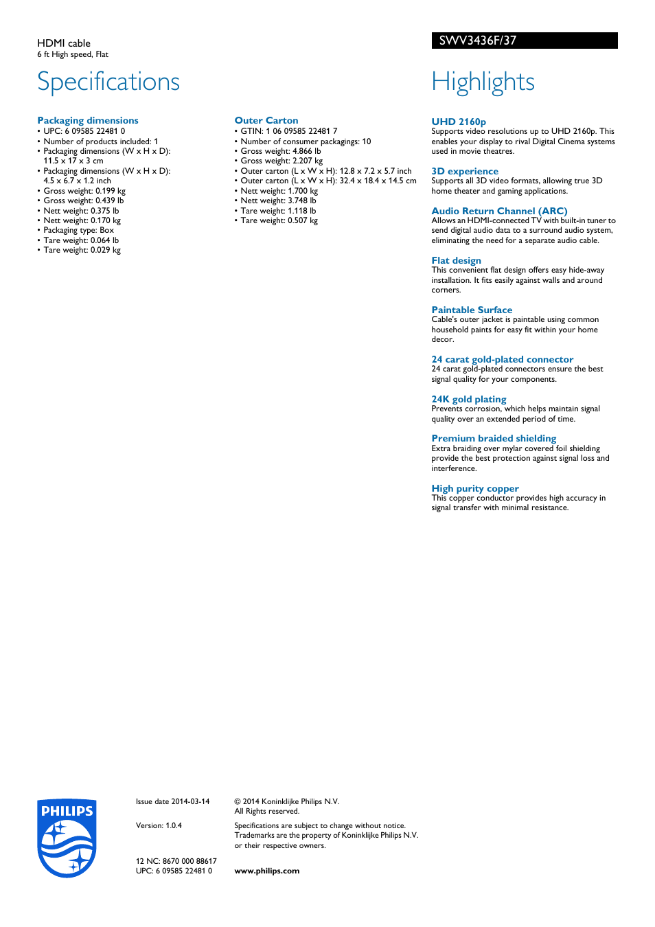 Specifications, Highlights | Philips SWV3436F-37 User Manual | Page 2 / 2