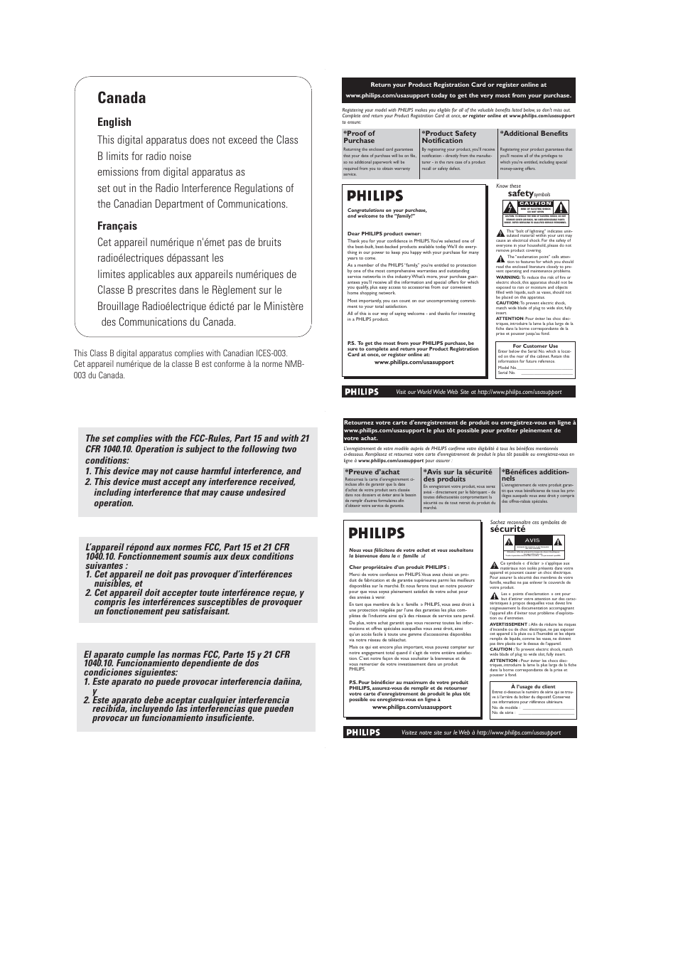 Canada, Risque de chocs ƒ lectriques ne pas ouvrir, Safety | Sécurité | Philips DCP750-37 User Manual | Page 2 / 16