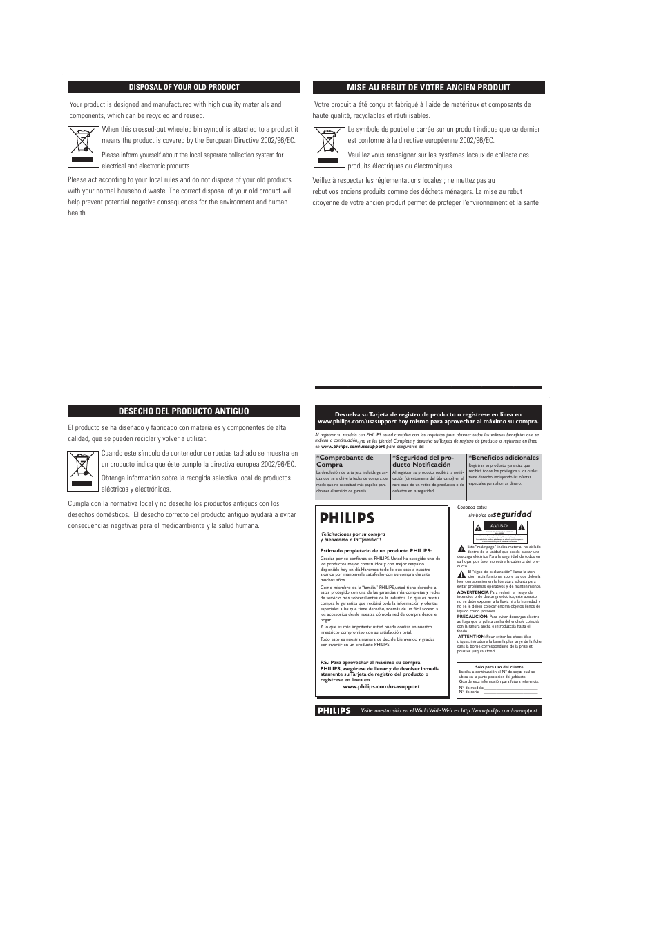 Riesgo de choque elƒ ctrico no abrir, Seguridad | Philips DCP750-37 User Manual | Page 3 / 16