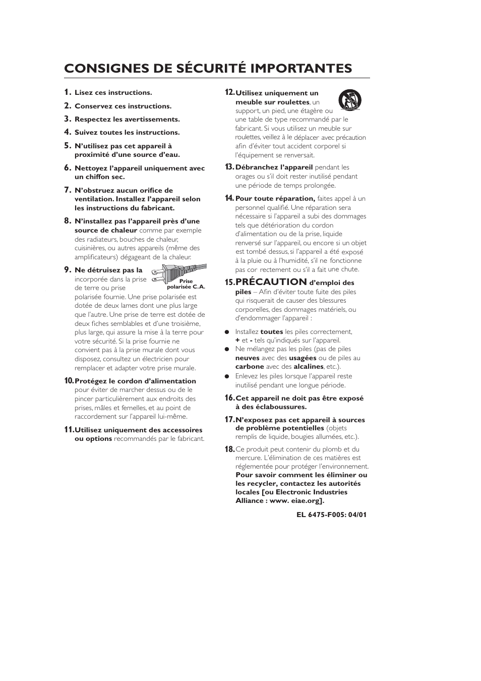 Consignes de sécurité importantes, Précaution | Philips DCP750-37 User Manual | Page 5 / 16