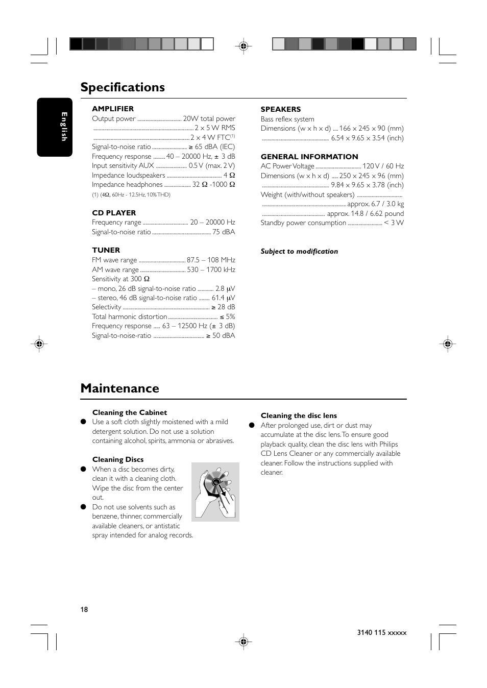 Specifications, Maintenance | Philips MC235-37 User Manual | Page 18 / 20