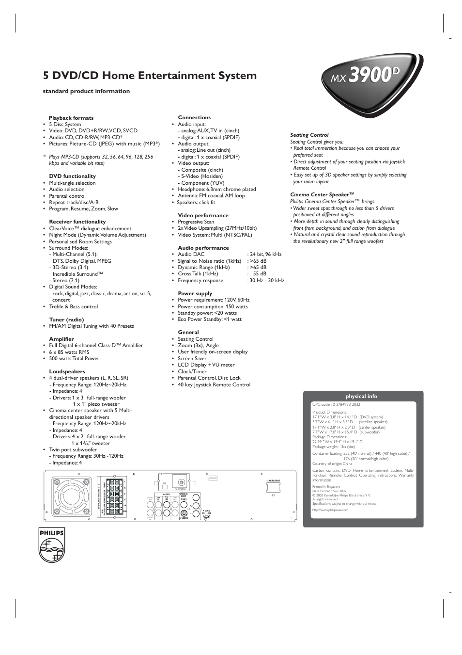 5 dvd/cd home entertainment system | Philips MX3900D-99 User Manual | Page 2 / 2