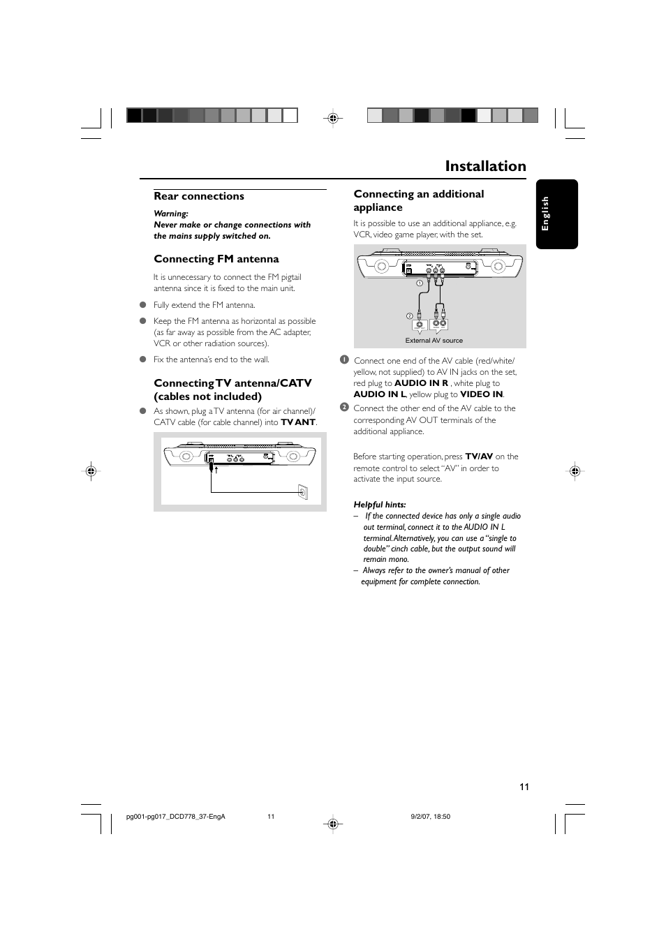 Installation, Rear connections, Connecting fm antenna | Connecting tv antenna/catv (cables not included), Connecting an additional appliance | Philips DCD778-37B User Manual | Page 11 / 38