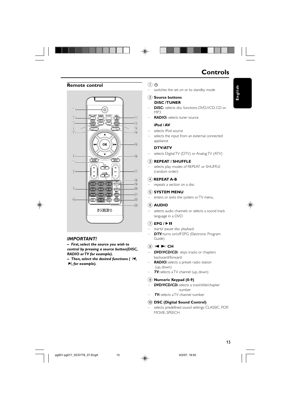 Controls, Remote control 1, Important | Philips DCD778-37B User Manual | Page 15 / 38