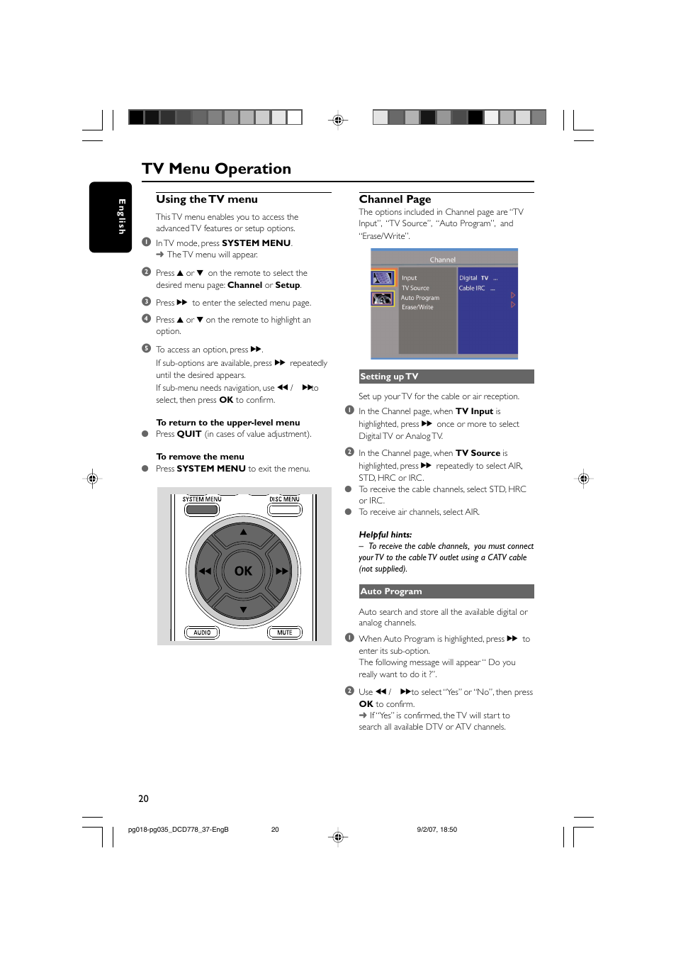 Tv menu operation | Philips DCD778-37B User Manual | Page 20 / 38