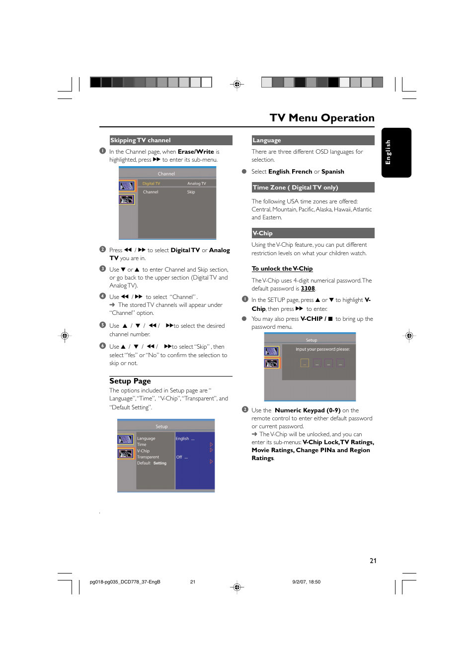 Tv menu operation | Philips DCD778-37B User Manual | Page 21 / 38