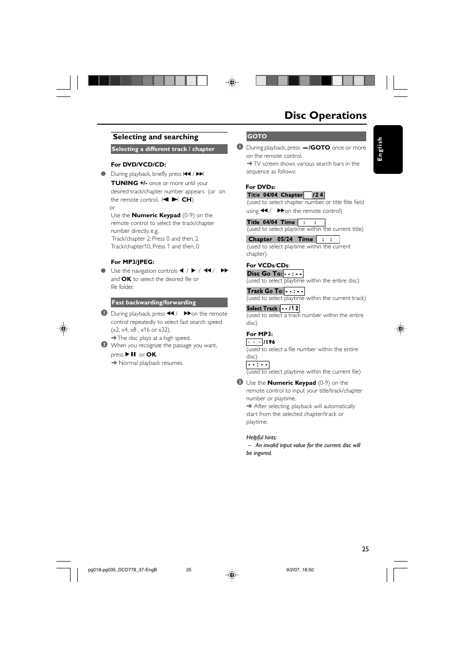 Disc operations, Selecting and searching | Philips DCD778-37B User Manual | Page 25 / 38