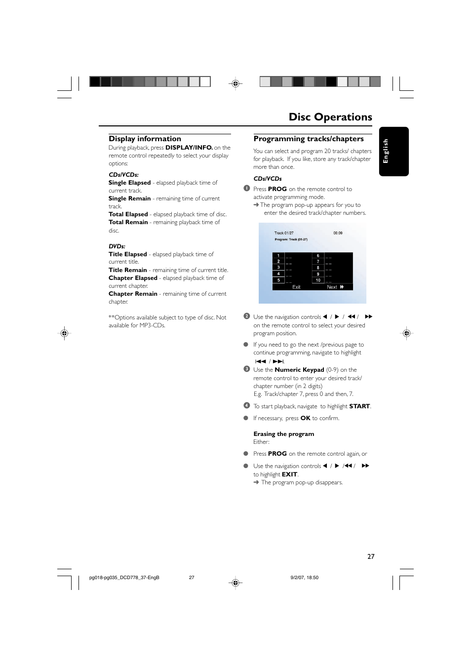 Disc operations, Programming tracks/chapters, Display information | Philips DCD778-37B User Manual | Page 27 / 38