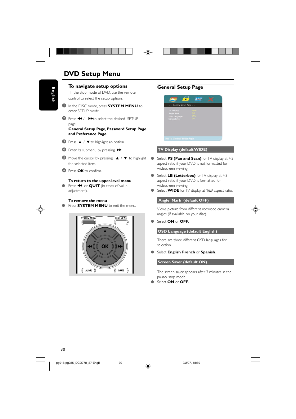 Dvd setup menu | Philips DCD778-37B User Manual | Page 30 / 38