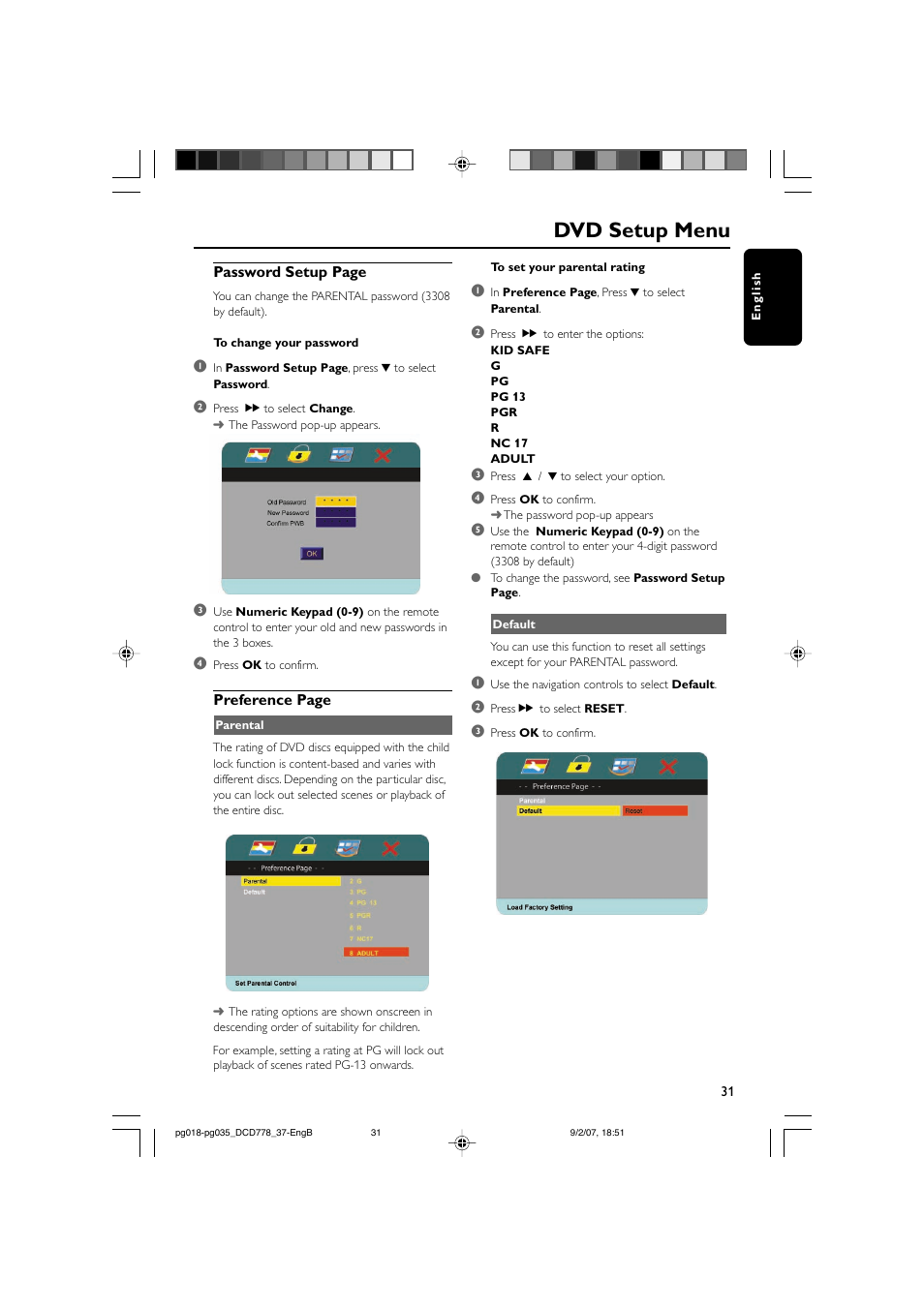 Dvd setup menu | Philips DCD778-37B User Manual | Page 31 / 38