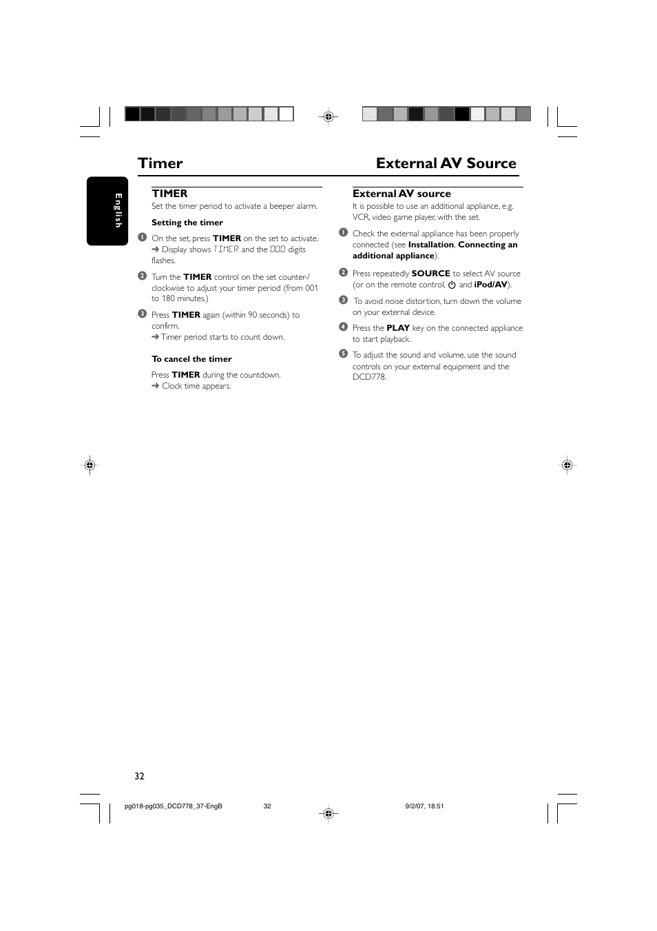 Timer external av source | Philips DCD778-37B User Manual | Page 32 / 38