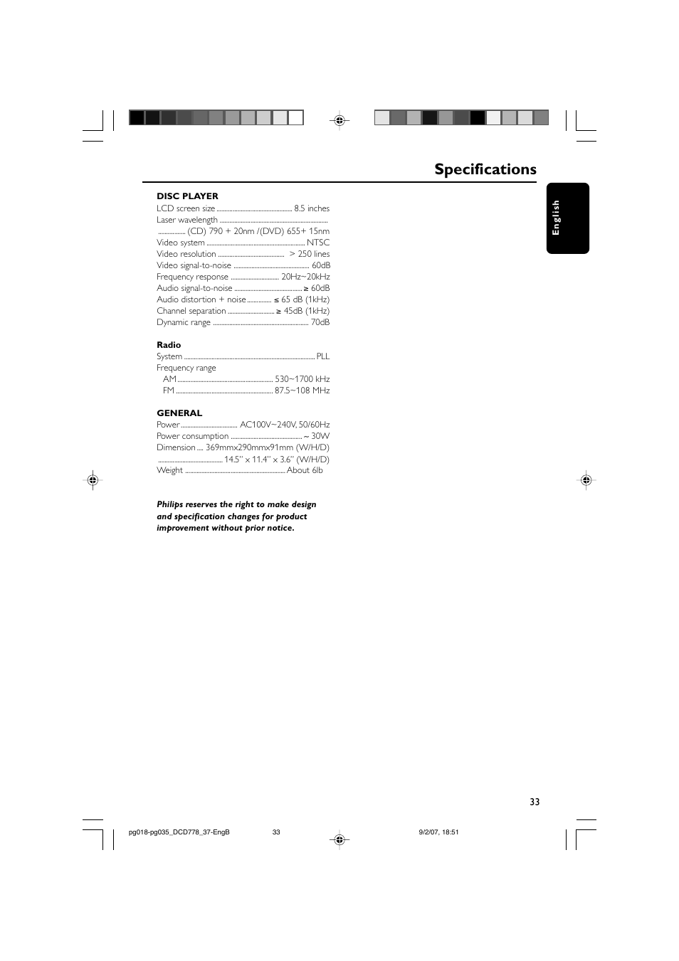 Specifications | Philips DCD778-37B User Manual | Page 33 / 38