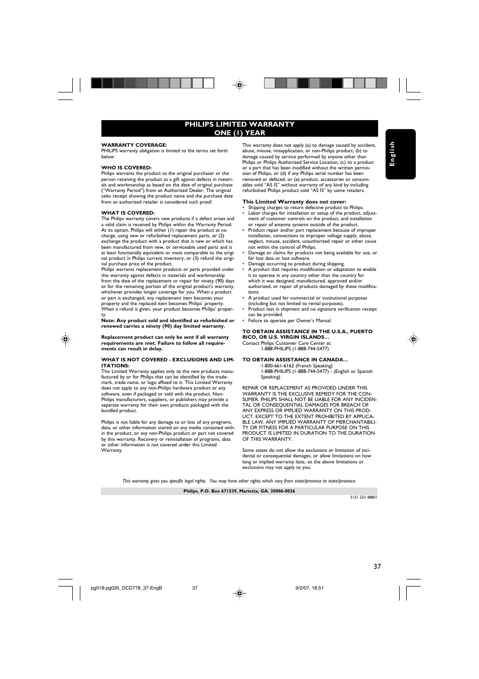 Philips limited warranty one (1) year | Philips DCD778-37B User Manual | Page 37 / 38