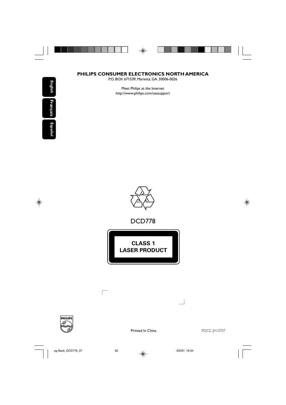 Dcd778, Class 1 laser product | Philips DCD778-37B User Manual | Page 38 / 38