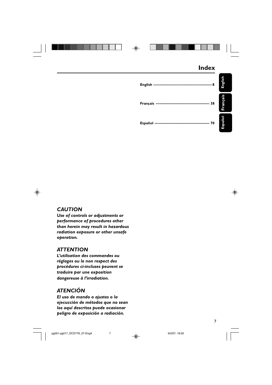 Index, Caution, Attention | Atención | Philips DCD778-37B User Manual | Page 7 / 38