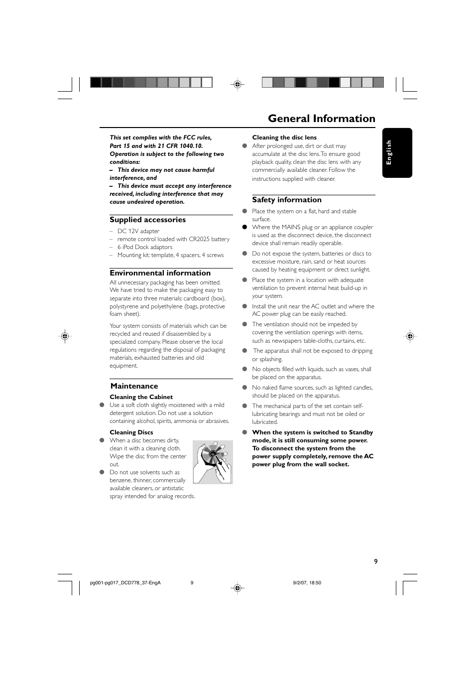 General information, Supplied accessories, Environmental information | Maintenance, Safety information | Philips DCD778-37B User Manual | Page 9 / 38