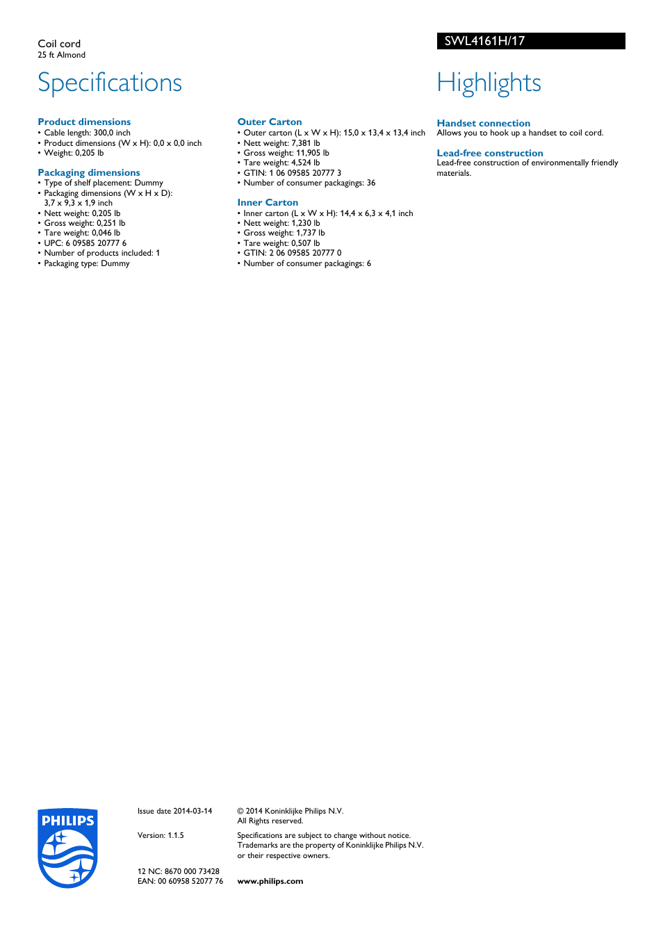 Specifications, Highlights | Philips SWL4161H-17 User Manual | Page 2 / 2