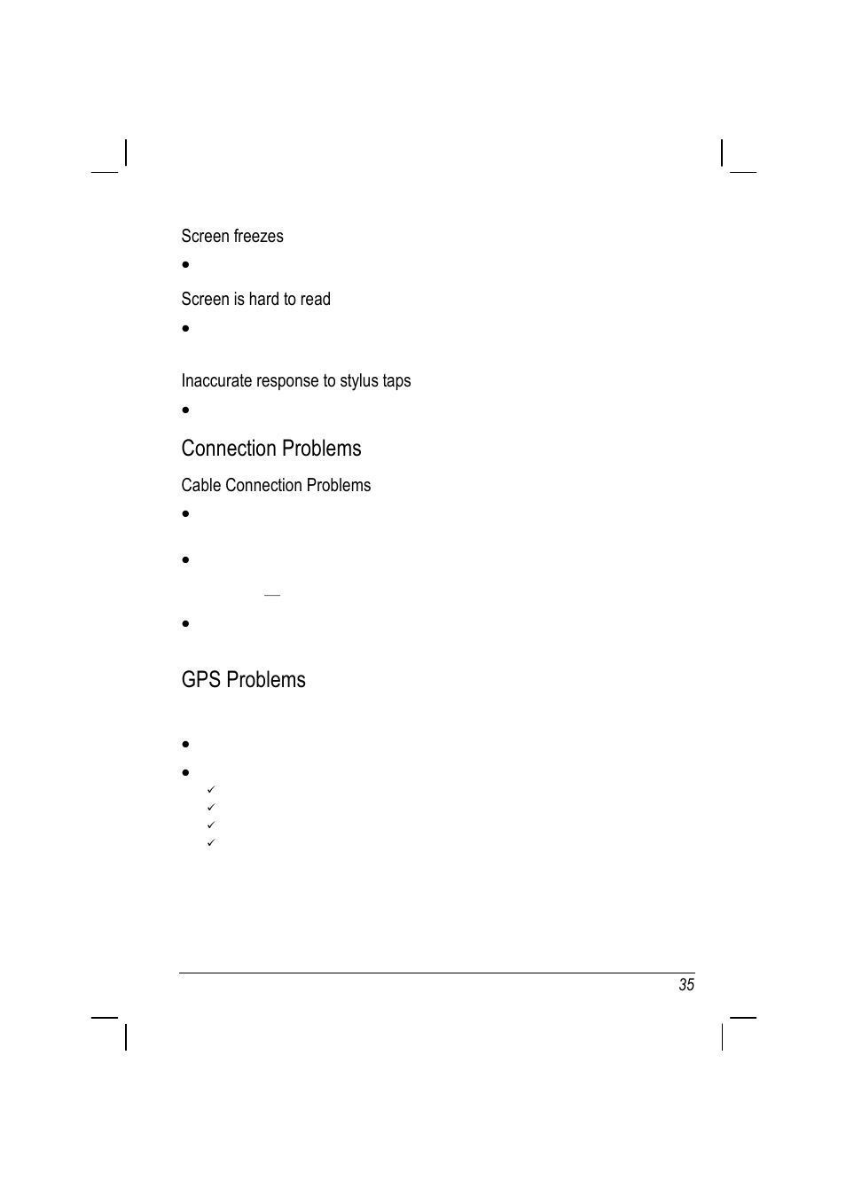 Connection problems, Gps problems, Screen freezes | Screen is hard to read, Inaccurate response to stylus taps, Cable connection problems | ANUBIS R00 User Manual | Page 39 / 46