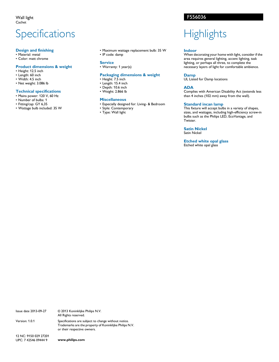 Specifications, Highlights | Philips F556036 User Manual | Page 2 / 2
