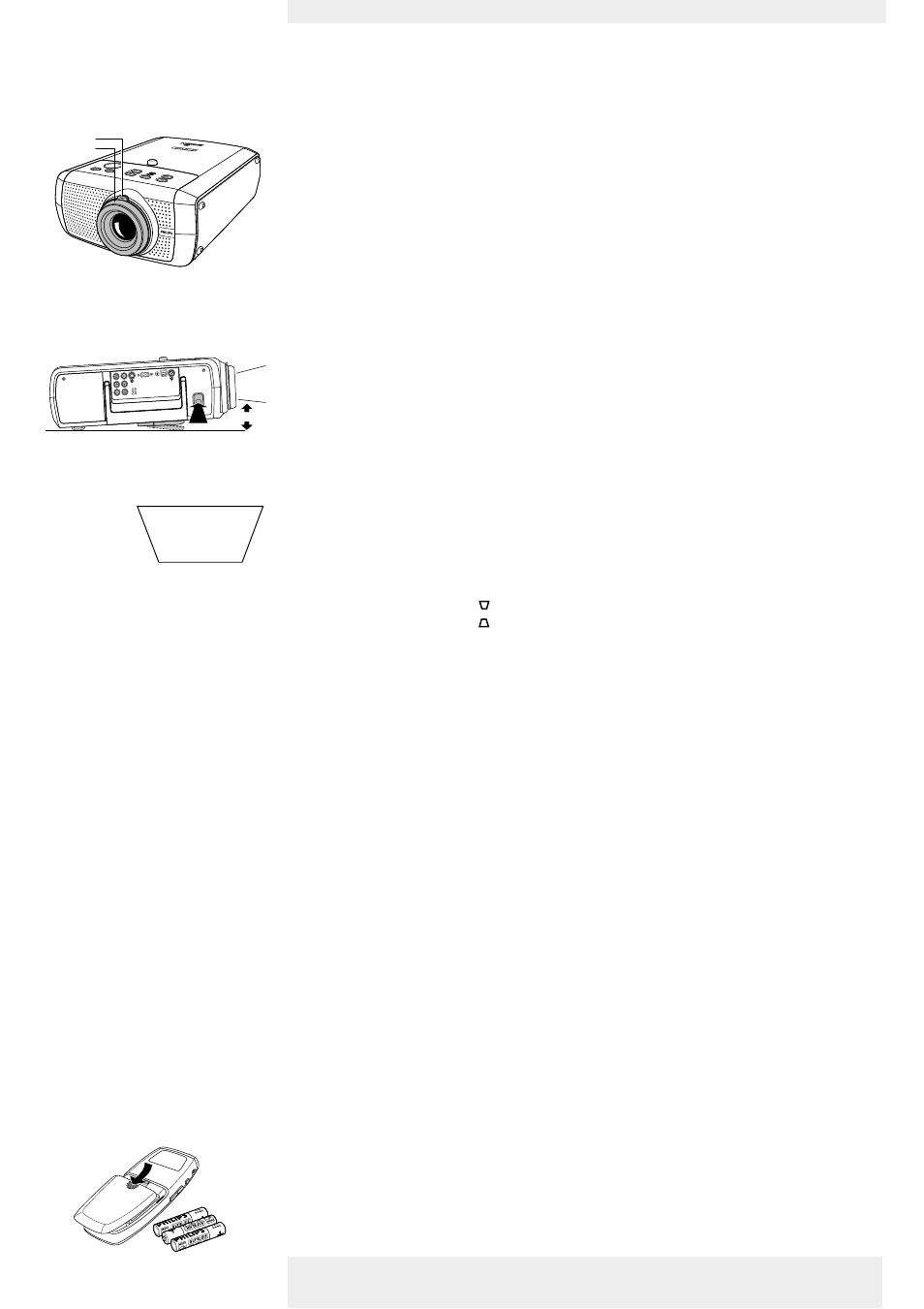 Adjusting the focus and size of the image, Adjusting the vertical angle of the projector, Keystone correction | Moving/transporting the projector, Preparation, Inserting the batteries in the remote control, Set up | Philips LC7181 User Manual | Page 11 / 34