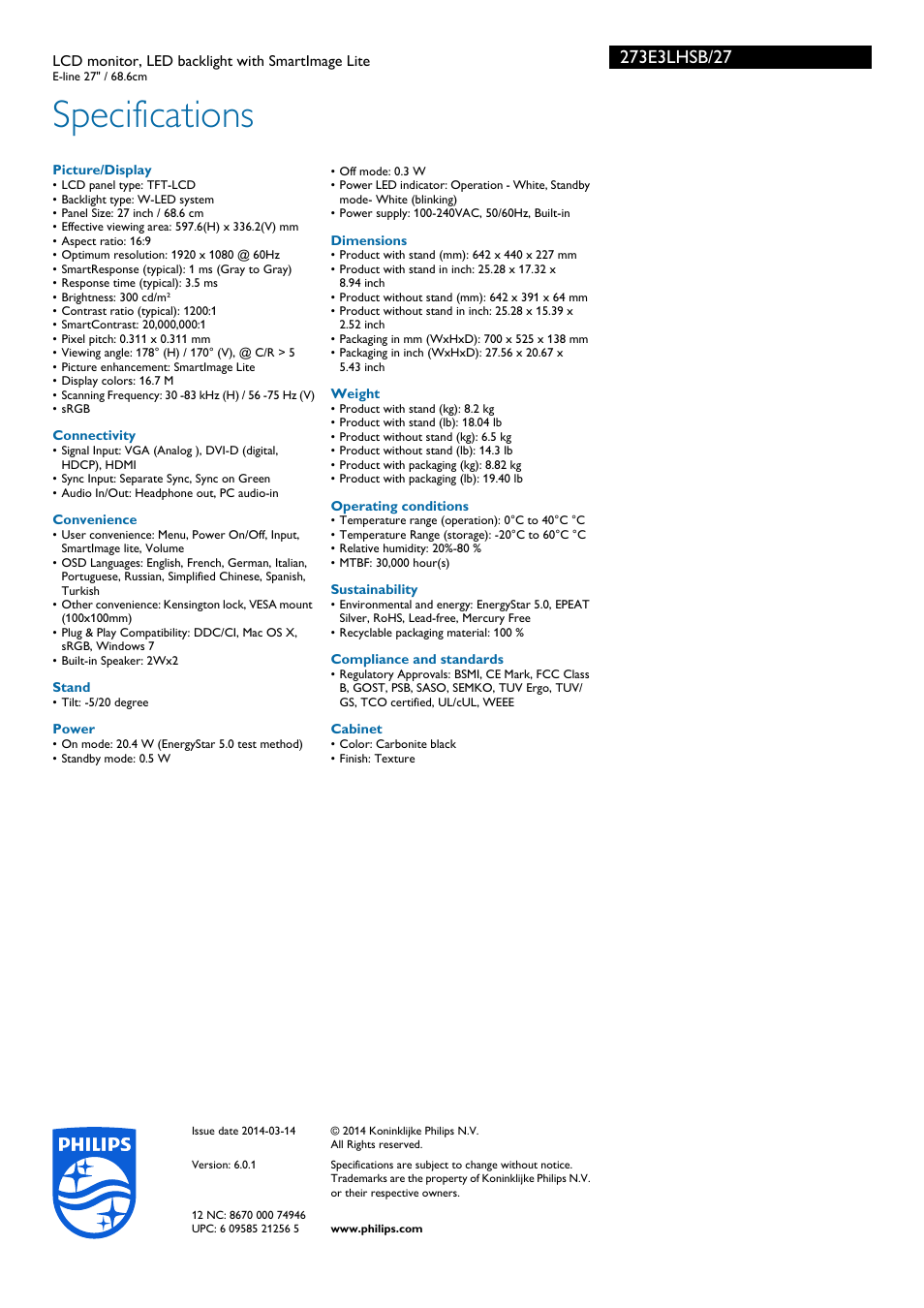 Specifications | Philips 273E3LHSB User Manual | Page 3 / 3