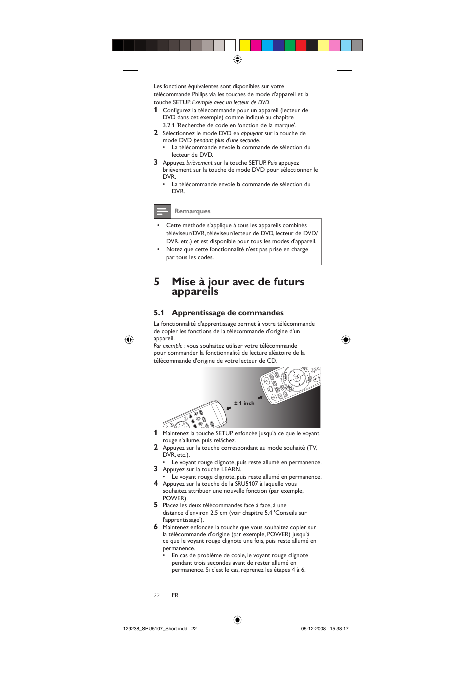 5mise à jour avec de futurs appareils, 1 apprentissage de commandes, Remarques | Philips SRU5107-27 User Manual | Page 22 / 40