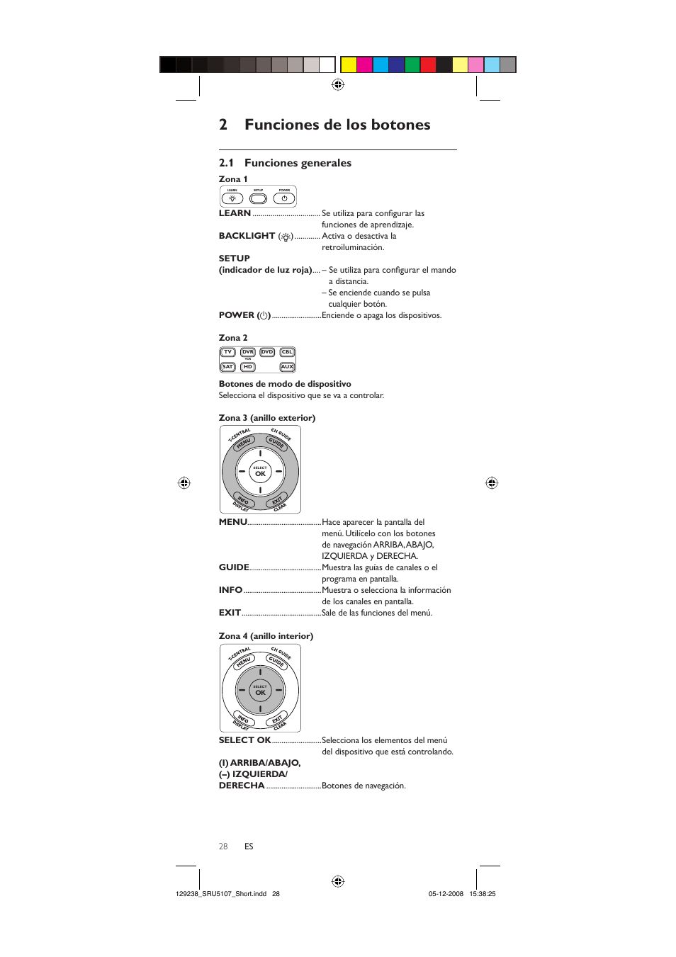 2 funciones de los botones, 1 funciones generales | Philips SRU5107-27 User Manual | Page 28 / 40