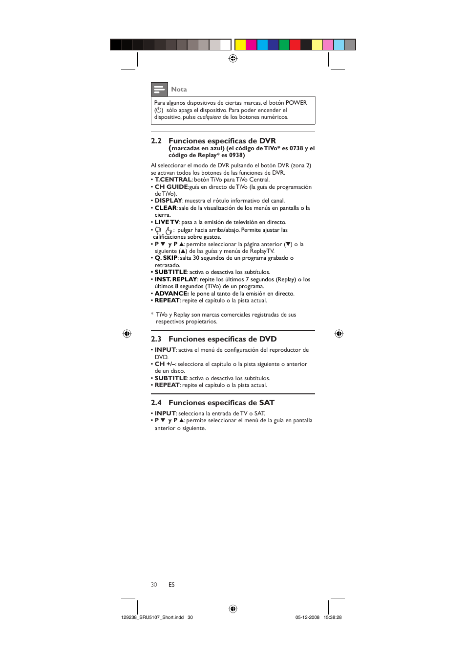 2 funciones específicas de dvr, 3 funciones específicas de dvd, 4 funciones específicas de sat | Philips SRU5107-27 User Manual | Page 30 / 40