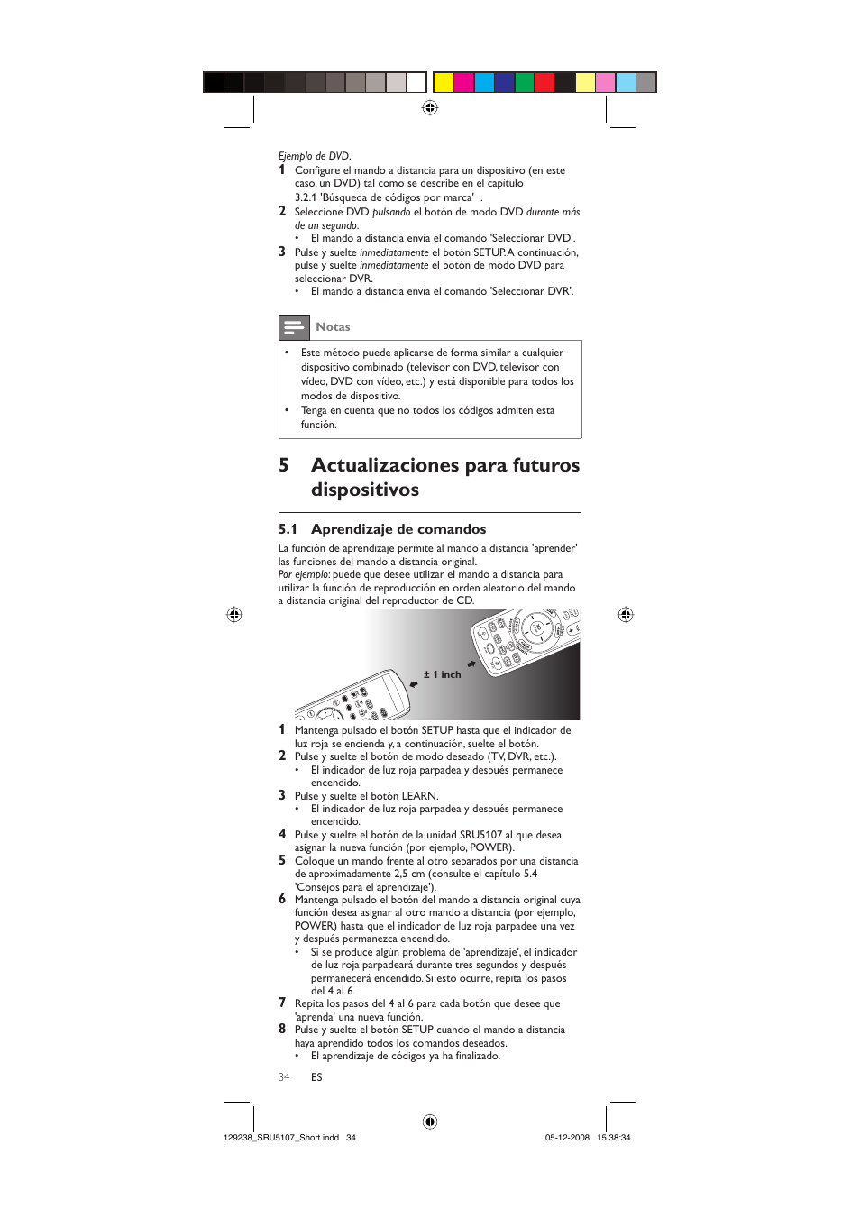 5actualizaciones para futuros dispositivos, 1 aprendizaje de comandos, Notas | Philips SRU5107-27 User Manual | Page 34 / 40