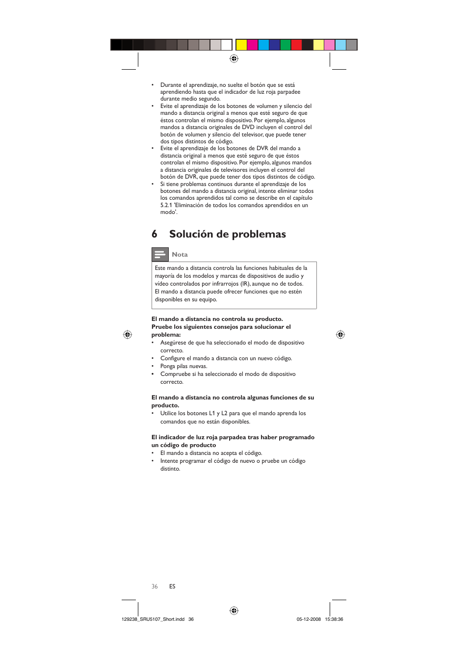 6 solución de problemas | Philips SRU5107-27 User Manual | Page 36 / 40