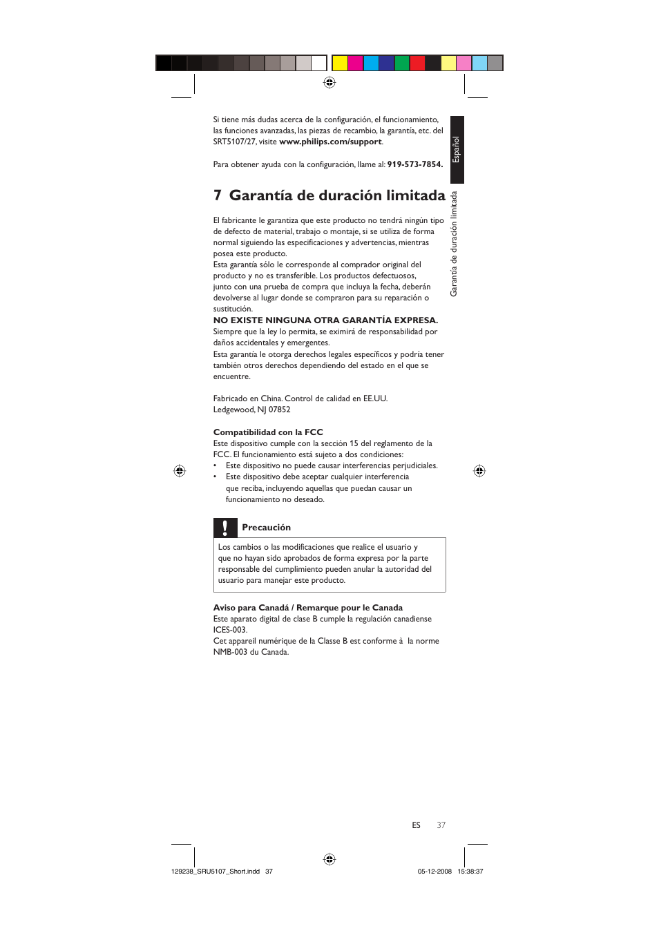 7 garantía de duración limitada | Philips SRU5107-27 User Manual | Page 37 / 40