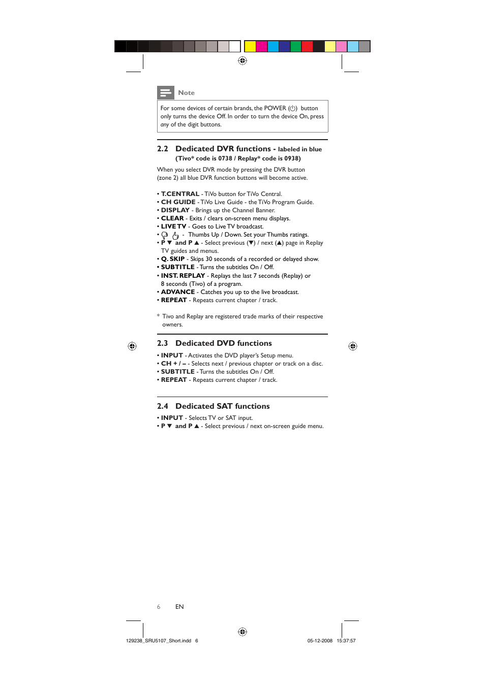 2 dedicated dvr functions, 3 dedicated dvd functions, 4 dedicated sat functions | Philips SRU5107-27 User Manual | Page 6 / 40