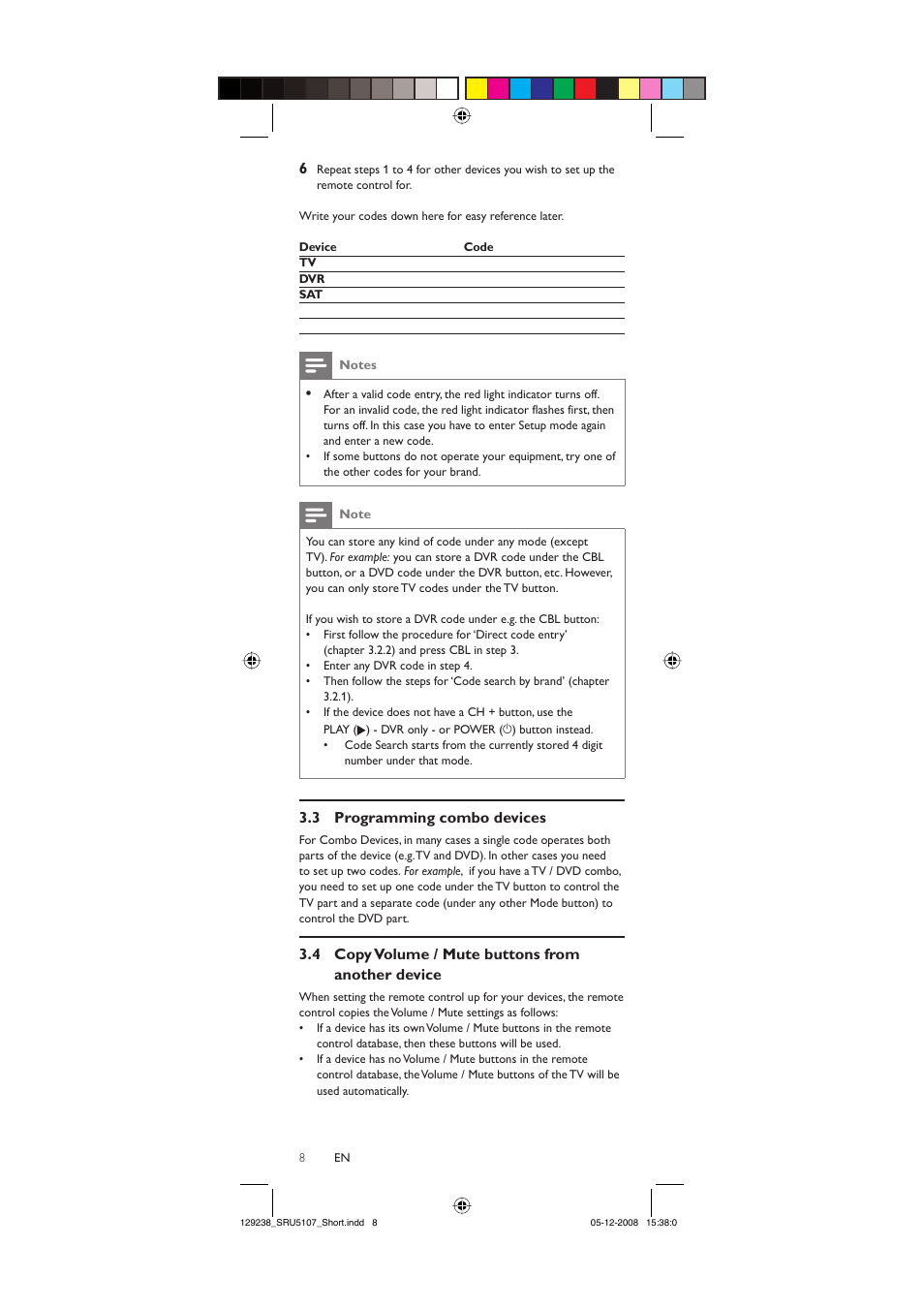 3 programming combo devices, 4 copy volume / mute buttons from another device | Philips SRU5107-27 User Manual | Page 8 / 40