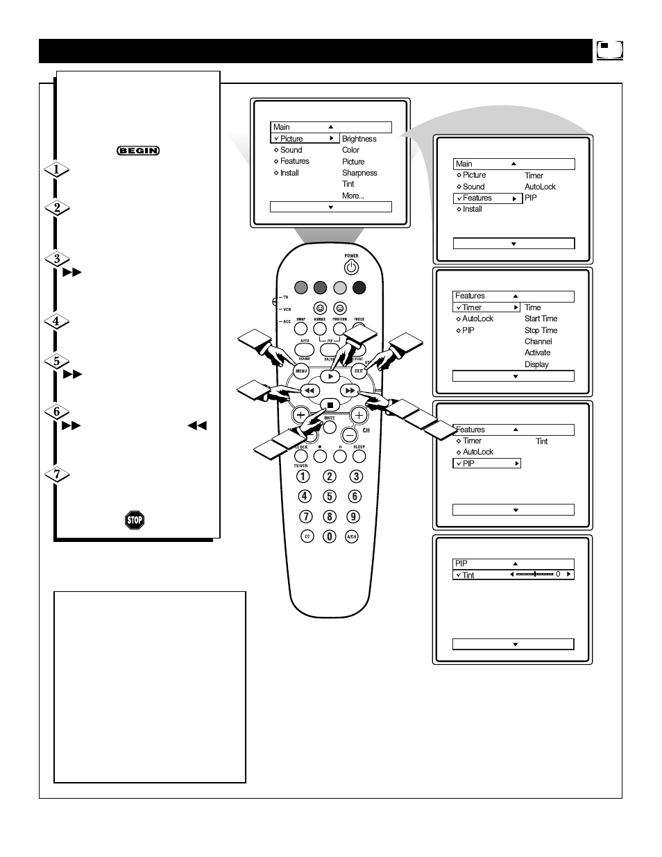 Pip t, Djusting the, Ontrol | Philips 32PS60B User Manual | Page 43 / 48