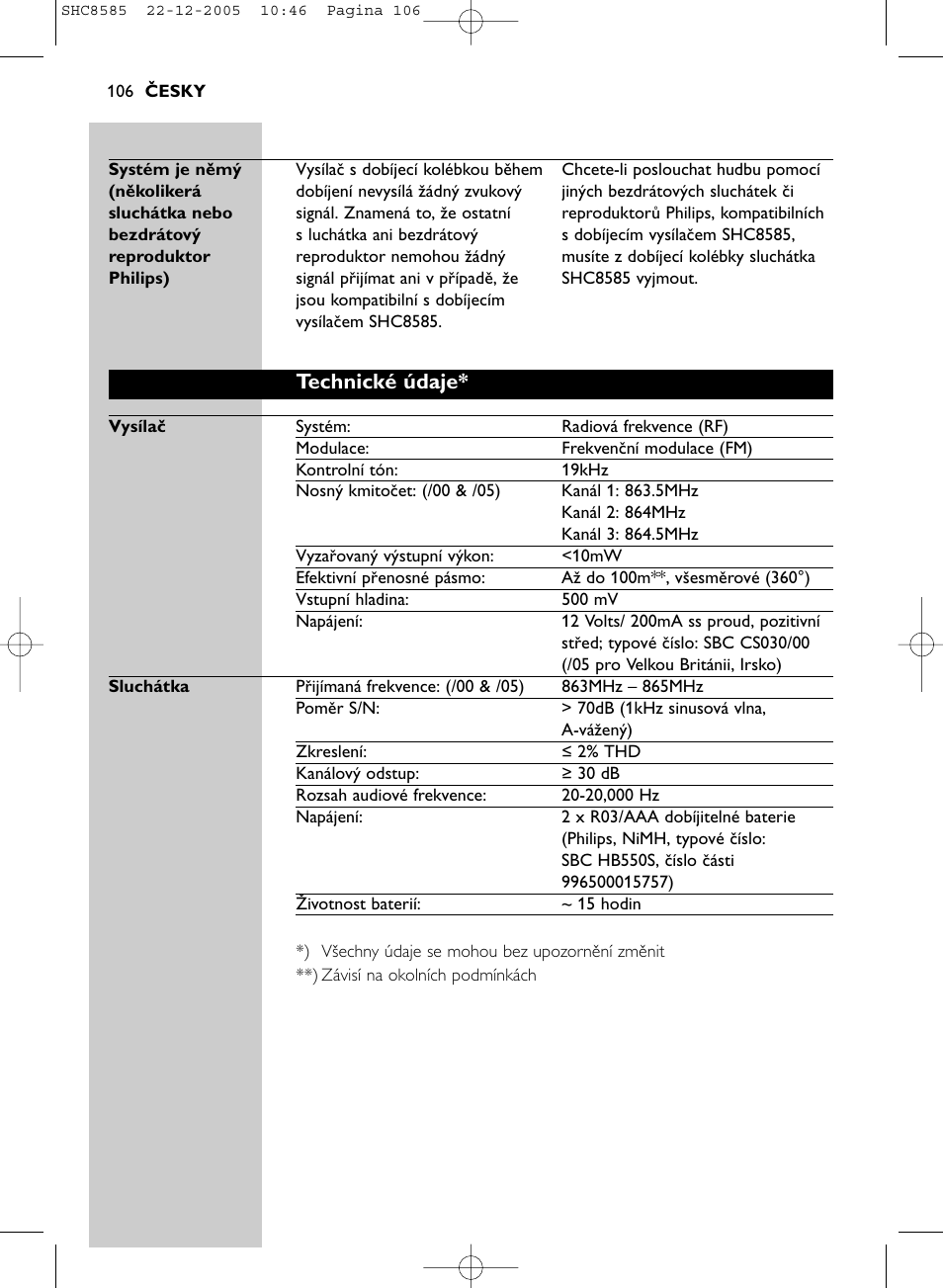 Technické údaje | Philips SHC8585-05 User Manual | Page 106 / 149