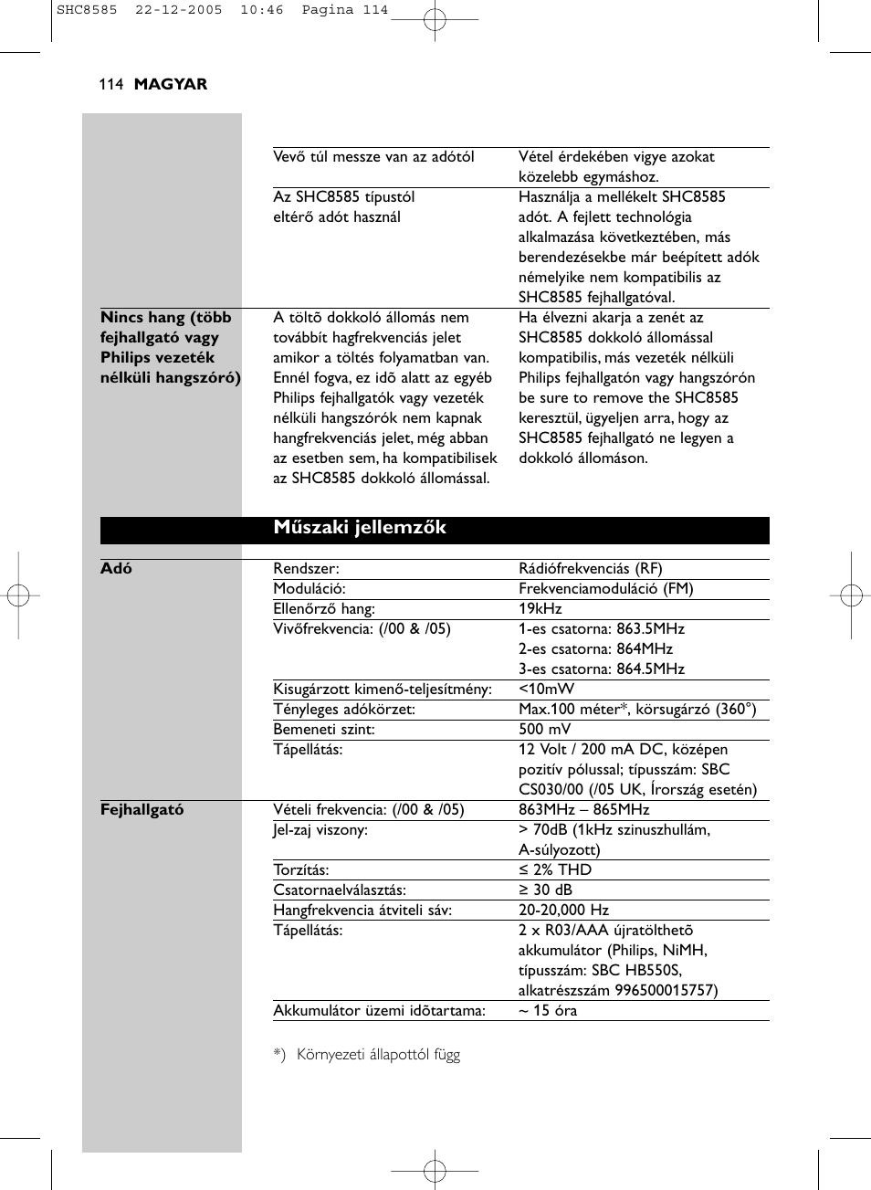 Műszaki jellemzők | Philips SHC8585-05 User Manual | Page 114 / 149