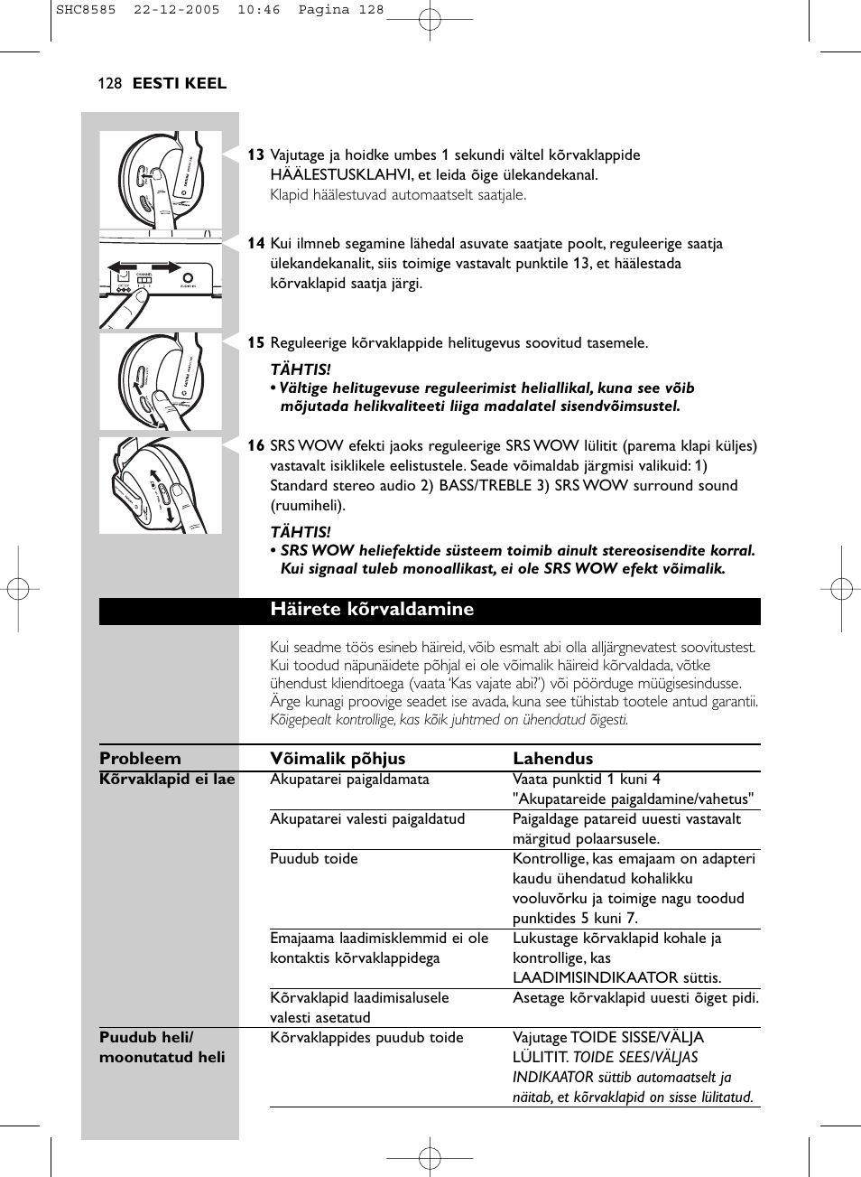 Häirete kõrvaldamine | Philips SHC8585-05 User Manual | Page 128 / 149