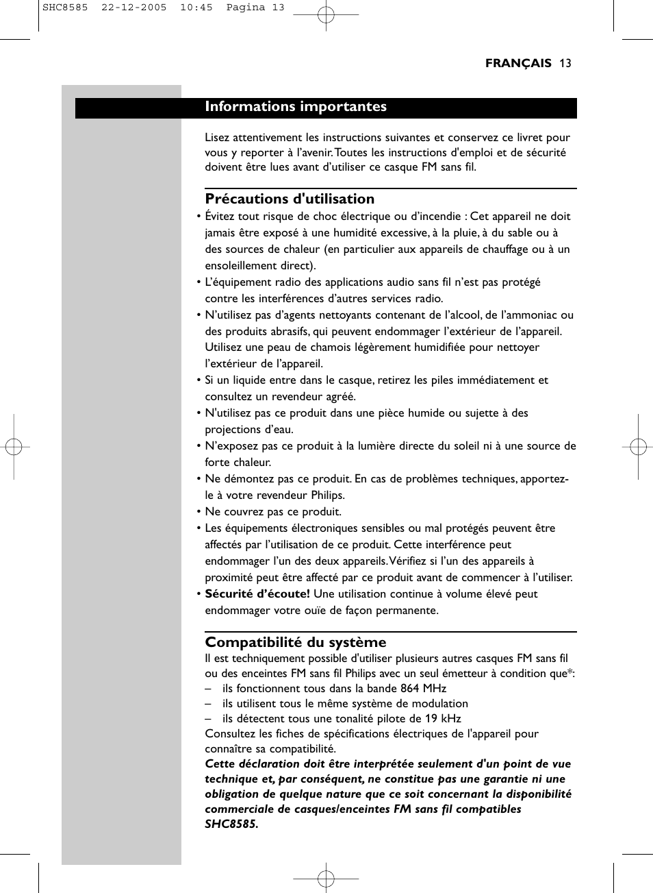 Informations importantes, Précautions d'utilisation, Compatibilité du système | Philips SHC8585-05 User Manual | Page 13 / 149