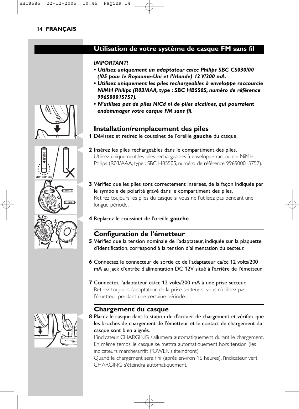 Utilisation de votre système de casque fm sans fil, Installation/remplacement des piles, Configuration de l’émetteur | Chargement du casque | Philips SHC8585-05 User Manual | Page 14 / 149