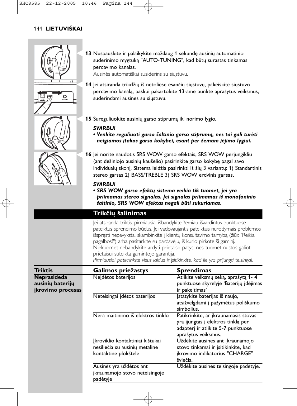 Trikčių šalinimas | Philips SHC8585-05 User Manual | Page 144 / 149
