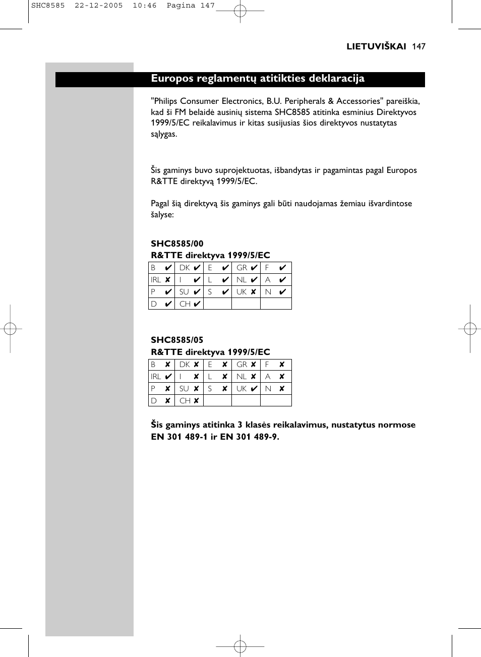 Europos reglamentų atitikties deklaracija | Philips SHC8585-05 User Manual | Page 147 / 149