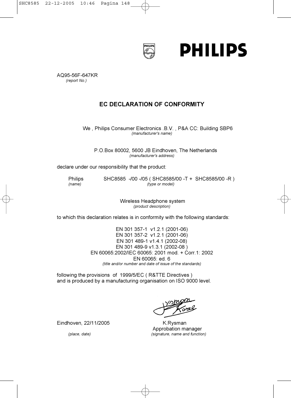 Ec declaration of conformity | Philips SHC8585-05 User Manual | Page 148 / 149