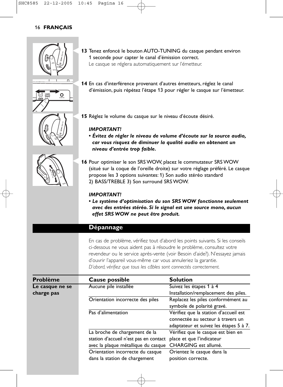 Dépannage | Philips SHC8585-05 User Manual | Page 16 / 149