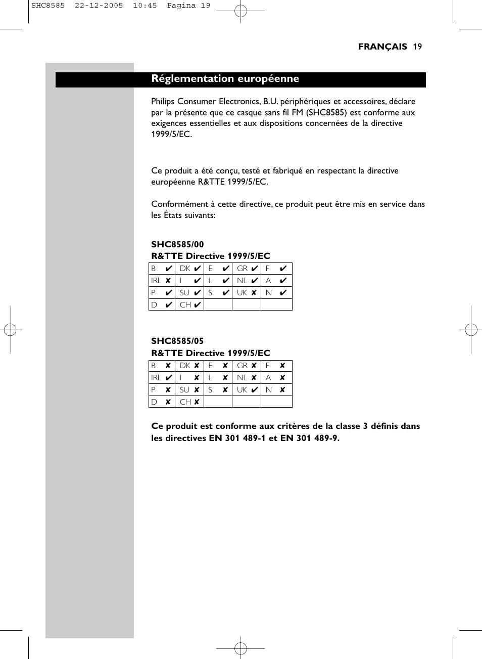 Réglementation européenne | Philips SHC8585-05 User Manual | Page 19 / 149