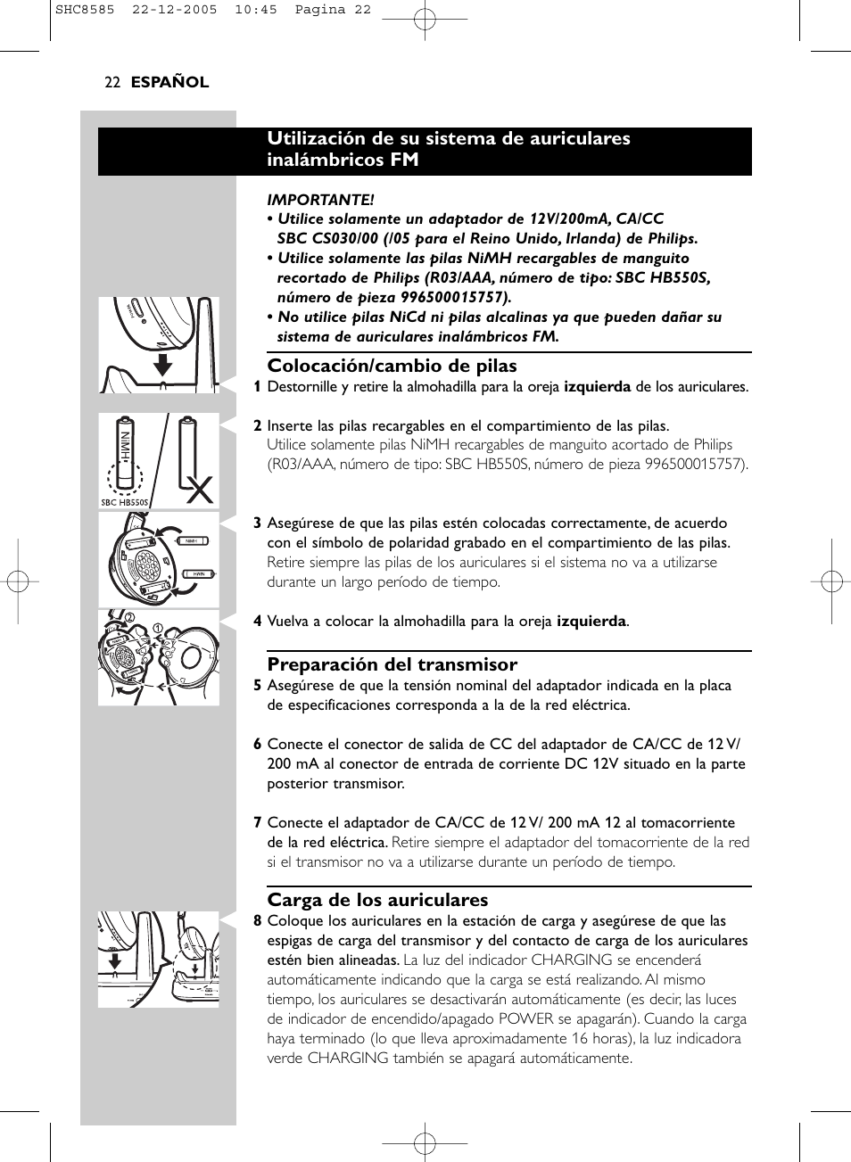 Colocación/cambio de pilas, Preparación del transmisor, Carga de los auriculares | Philips SHC8585-05 User Manual | Page 22 / 149