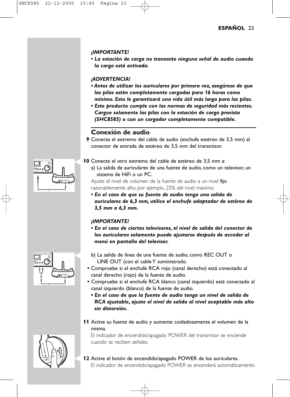 Conexión de audio | Philips SHC8585-05 User Manual | Page 23 / 149