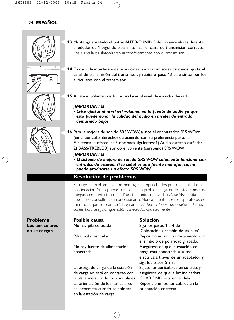 Resolución de problemas | Philips SHC8585-05 User Manual | Page 24 / 149