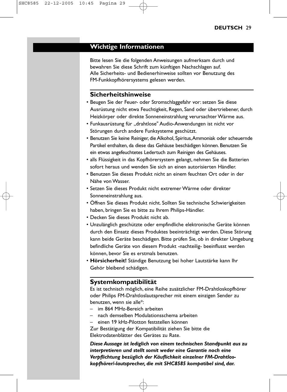 Wichtige informationen, Sicherheitshinweise, Systemkompatibilität | Philips SHC8585-05 User Manual | Page 29 / 149