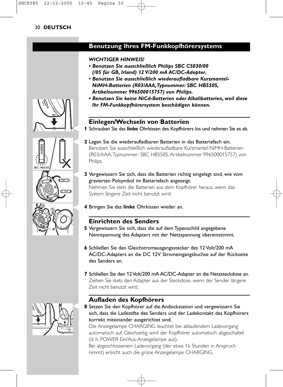 Benutzung ihres fm-funkkopfhörersystems, Einlegen/wechseln von batterien, Einrichten des senders | Aufladen des kopfhörers | Philips SHC8585-05 User Manual | Page 30 / 149